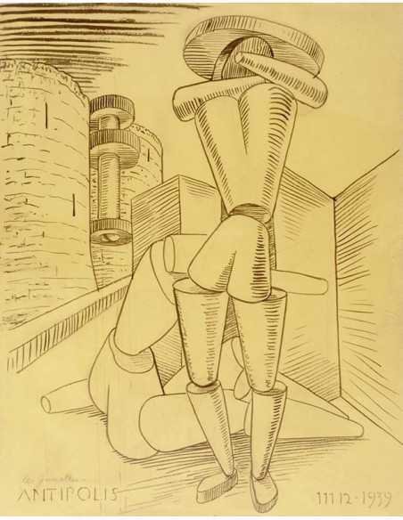 Antipolis (les jumelles) dessin, encre sur papier, de deux personna...