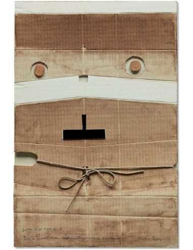 Homme sérieux collage, liège, ficelle et vernis sur carton monté su...