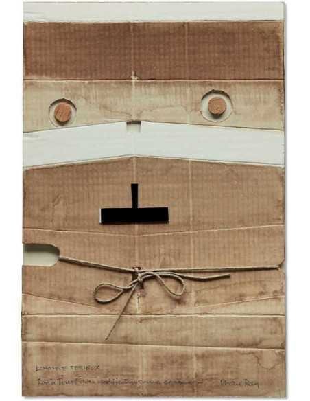 Homme sérieux collage, liège, ficelle et vernis sur carton monté su...