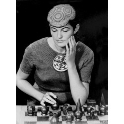 Woman with Man Ray's chess set