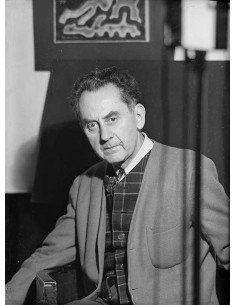 Man Ray man sitting, painting on the wall "Modern Mythology II" Man...