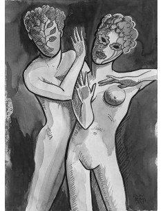 Sans titre (nues avec masques) peinture de femmes nues portant des ...