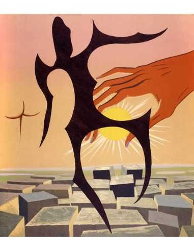 Le rébus personnage dansant sur damier devant une main tenant un co...