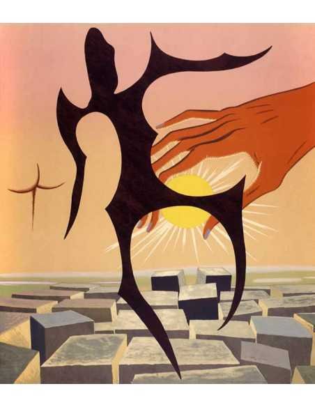 Le rébus personnage dansant sur damier devant une main tenant un co...