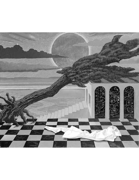 Night sun-Abandoned playground huile sur toile arbre couché sur mai...