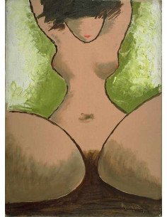 La Vierge huile sur toile - femme nue jambes écartées fond vert et ...