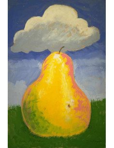 Poire d'Erik Satie huile sur toile - poire dans l'herbe couronné d'...