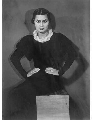 Lilian Strauss portrait woman sitting on wooden crate twisted white...