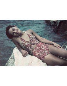 Ady with umbrella Adrienne Fidelin in a swimsuit, sitting in the ro...