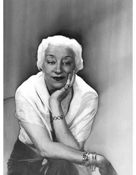 Françoise Rosay portrait woman sitting hand under chin white hair -...