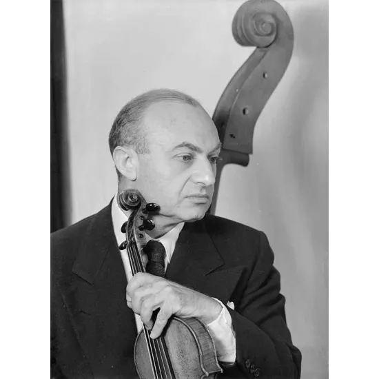 Louis Kaufman portrait homme devant manche contre-basse portant un ...