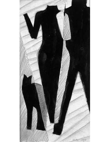 no title (couple and cat) drawing ink paper two characters with a c...