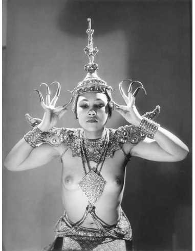 Ishvani dancer woman nude chest metal jewels hat helmet nail facing...